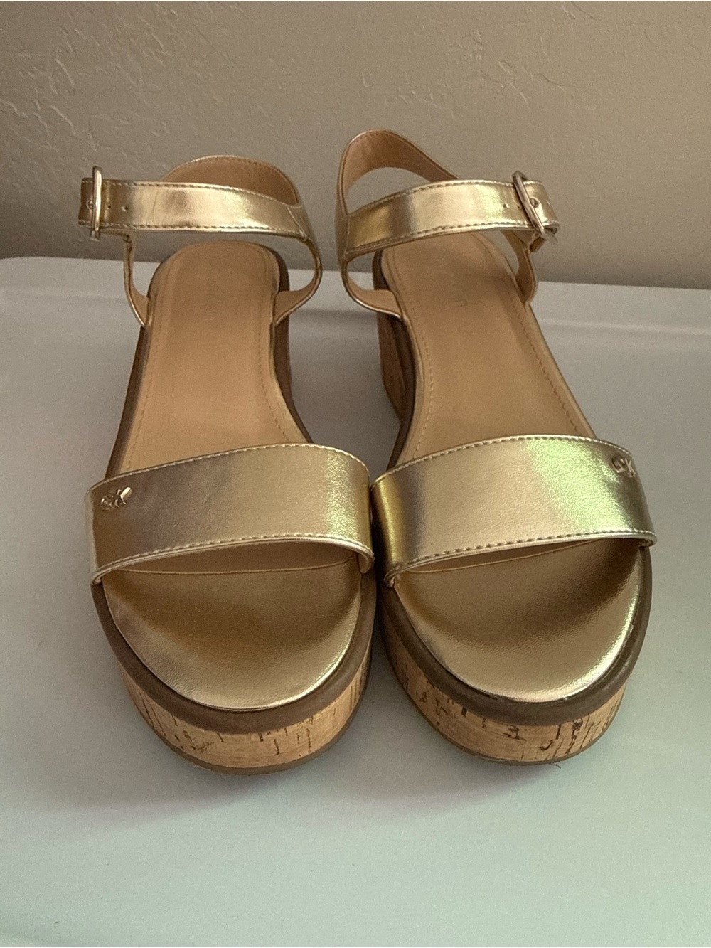 Calvin Klein Metallic Gold Platform Cork Wedge Sandals